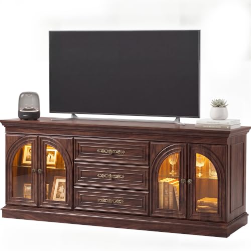 JUMMICO 63 Inch LED Farmhouse TV Stand for TVs Up to 70 Inch(Walnut) | Mid Century Modern TV Stand, TV Console with 2 Glass Doors Storage & 3 Drawers, Wood Entertainment Center for Living Room - color: Walnut, size: TV Stand(No Charge Station)