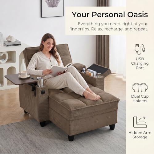 Convertible Sleeper Chair, Pull Out Sofa Bed with Adjustable Backrest & Hidden Storage Armrest, Single Sofa Recliner with USB Charging Port & Cup Holders for Living Room, Bedroom, Coffee - color: C-coffee-l2