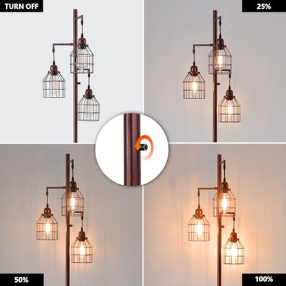 9MMML Floor Lamp for Living Room, Farmhouse Industrial Dimmable Floor lamp, 3 Lights Metal Cage Tree Standing Lamp,68", 3Pcs LED Bulbs Included - color: Oil Rubbed Bronze B