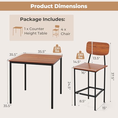 NAFORT Modern Counter Height Dining Table Set for 4, 5-Piece Pub Style Kitchen Table and Stools, Space-Saving Square Bar Table with 4 Backrest Chairs for Kitchen, Apartment & Dining Room - color: Walnut
