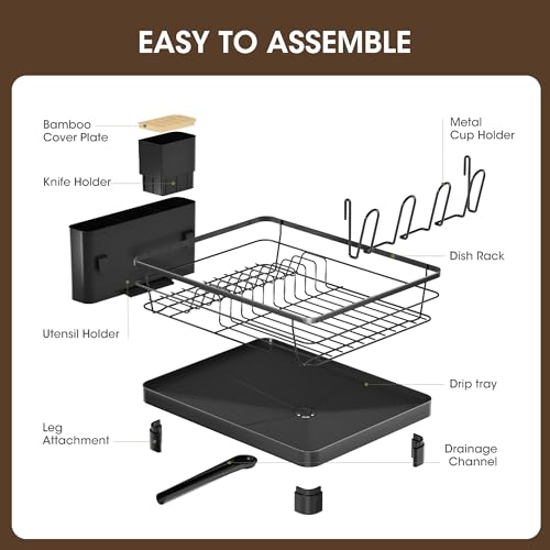 Runnatal Dish Drying Rack with Drainboard for Kitchen Counter and Sink | Large Dish Rack Rustproof Dish Drainer with Detachable 2-in-1 Utensil Holder, Extra Cup Holder, Black - color: Black, size: Standard