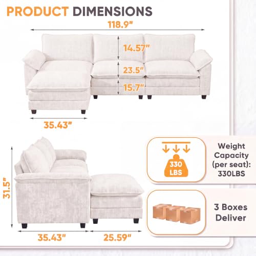 Homall 118.9" L Shaped Cloud Couch, Modular Sectional Sofa for Living Room | Comfy Chenille, Movable Ottoman, 3 Seat, Double Layer Cushion, Sturdy Frame, High-Density Foam, Easy Assembly, White - color: White, size: L Shaped Sofa