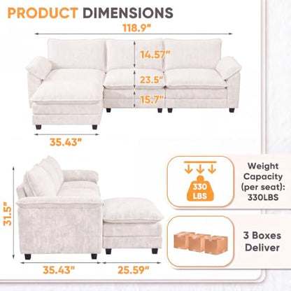 Homall 118.9" L Shaped Cloud Couch, Modular Sectional Sofa for Living Room | Comfy Chenille, Movable Ottoman, 3 Seat, Double Layer Cushion, Sturdy Frame, High-Density Foam, Easy Assembly, White - color: White, size: L Shaped Sofa