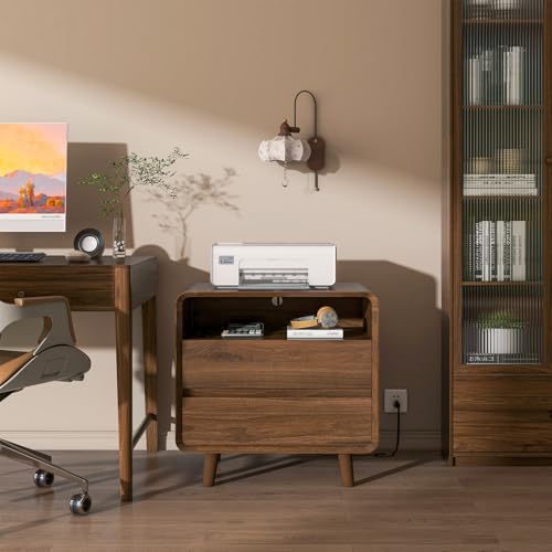 Nasonet Mid Century Modern Nightstand with Charging Station, Wood Bedroom End Tables Set of 2 Nightstands with Drawers, Bedside Table for Living Room, Curved Profile Design, Walnut - color: Walnut, size: 2 Drawers