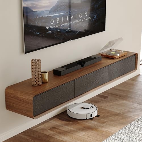 POVISON Fully-Assembled Minimalist Floating TV Stand, Modern Wall-Mounted Entertainment Center with 3 Flip-Down Cabinet Doors, Wood Media Console - color: Walnut & Black, size: 62.99"
