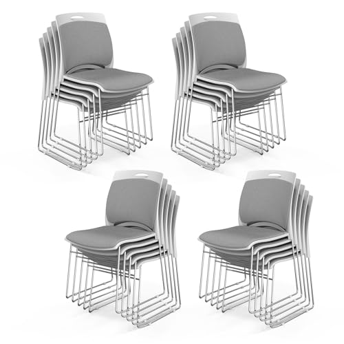 VINGLI Stackable Plastic Mesh Padded Chairs for Office Set of 20, Grey | Stacking Chairs with Metal Sled Base, Ergonomic Plastic Pad Seat & Back, Waiting Banquet Guest Break Room, Easy to install - color: Grey, size: 20 Pack
