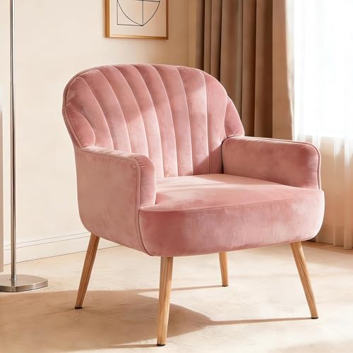 GDFStudio 25" Velvet Accent Chair with Arms and Back, Modern Shell-Shaped Upholstered Barrel Chairs, Small Comfy Reading Chair Lounge Chairs with Solid Legs for Living Room Bedroom Office Cafe, Pink - color: Pink