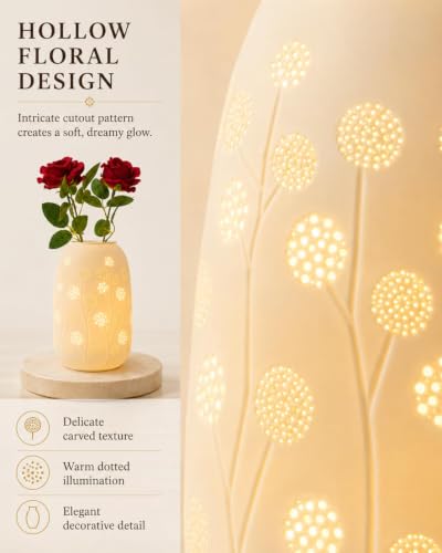 Ceramic Vase Table Lamp - 2700K Bulb & 3 Artificial Flowers Included | Handmade Openwork Craft - Inline Switch - E12 Socket - Dandelion 9" - style: Dandelion
