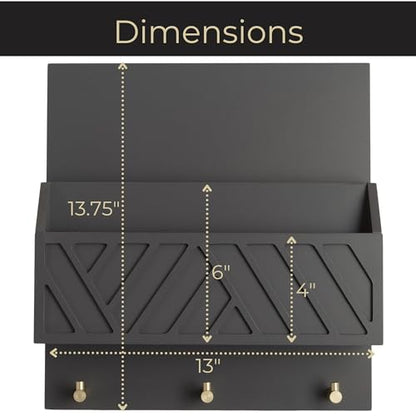 BLU MONACO | Wall-Mounted Mail and Key Holder in Grey Wood | Two-Tier Mail Organizer with Gold Hooks | Entryway Command Center for Home or Office - color: Gray