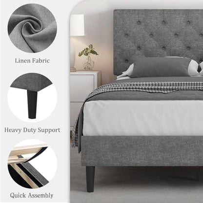 HOMBCK Queen Bed Frame, Grey Linen Fabric Upholstered Bed Frame Queen Size, Wood Slats Support, Button Tufted Design, No Box Spring Needed, Light Grey - color: Light Grey, size: Queen
