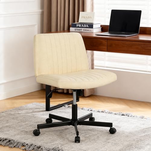FDW Criss Cross Chair with Wheels Cross Legged Office Desk Modern Swivel Height Adjustable Wide Seat Computer Task Vanity Chair Comfy Fabric Armless Seating for Home Office - color: Beige, style: With Wheels