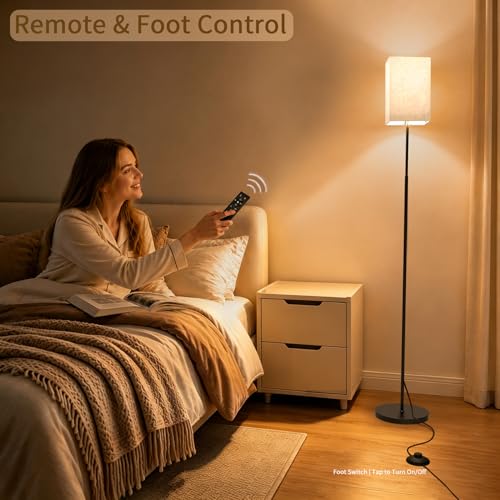 63.8" Square Floor Lamp with White Linen Shade | Dimmable Standing Lamp, Remote & Foot Switch, 3 Color Temperatures, 9W LED Bulb Included, for Living Room, Bedroom & Office - color: Beige