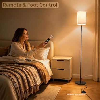 63.8" Square Floor Lamp with White Linen Shade | Dimmable Standing Lamp, Remote & Foot Switch, 3 Color Temperatures, 9W LED Bulb Included, for Living Room, Bedroom & Office - color: Beige