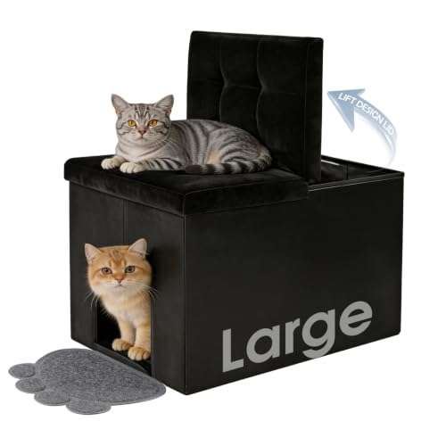 MEEXPAWS Cat Litter Box Enclosure Furniture L Velvet Lift Design Lid | Large Hidden Cat Washroom Bench Ottoman, Storage Cabinet Dog Proof,Urine Proof, Easy Clean, Quick Assembly, Black - color: Black, size: L 25.6''x W17.7'' x H17.7''