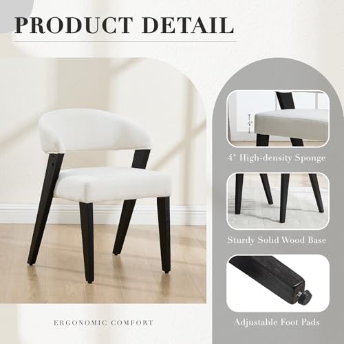 Mid Century Modern Dining Chairs with Arms Set of 2, Upholstered Kitchen & Dining Room Chairs, Barrel Backs/Black Solid Wood Legs, Comfortable Accent Chairs for Living Room, Chenille White - color: White