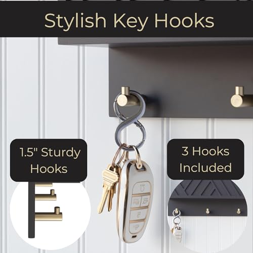BLU MONACO | Wall-Mounted Mail and Key Holder in Grey Wood | Two-Tier Mail Organizer with Gold Hooks | Entryway Command Center for Home or Office - color: Gray