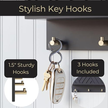 BLU MONACO | Wall-Mounted Mail and Key Holder in Grey Wood | Two-Tier Mail Organizer with Gold Hooks | Entryway Command Center for Home or Office - color: Gray