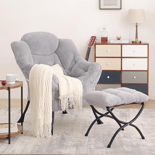 Lazy Chair with Ottoman, Comfy Reading Accent Chair, Plush Light Grey | Foldable Footrest, Padded Seat and Backrest, Side Pocket for Lounging in Living Rooms, Bedrooms, Dorms and Small Spaces - color: Plush-light Grey