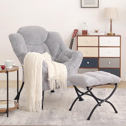 Lazy Chair with Ottoman, Comfy Reading Accent Chair, Plush Light Grey | Foldable Footrest, Padded Seat and Backrest, Side Pocket for Lounging in Living Rooms, Bedrooms, Dorms and Small Spaces - color: Plush-light Grey