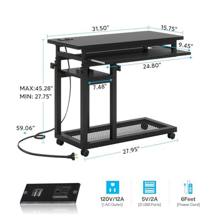 Tribesigns Small Portable Desk with Power Outlet, Height Adjustable Sofa Couch Bedside Laptop Table with Wheels, Mobile Standing Desk Rolling Computer Cart C Side Table with USB Ports - color: Black
