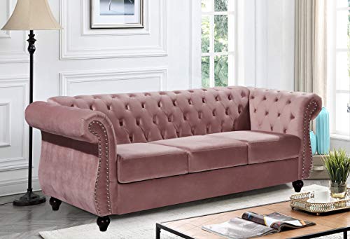 GDFStudio 82.6" Velvet Sofa Set, Modern Living Room Couch Set, Upholstered Sofa Loveseat Chair Set, Chesterfield with Button Tufted Back Rolled Arms Wood Tapered Feet for Apartment Living Room, Rose - color: Rose, size: 3+2+1 Seat