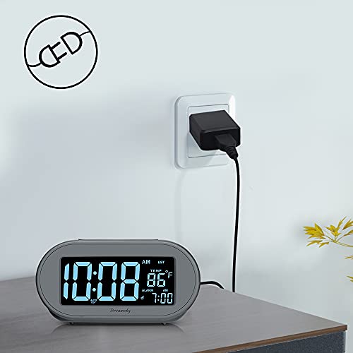 DreamSky Alarm Clocks for Bedrooms, Auto Set Digital Clock with Date & Temp | Electric Desk Clock with Dimmable Brightness Dimmer for Bedside Nightstand, Auto DST, USB Port, Temperature, Snooze - color: Gray