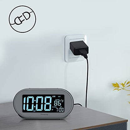 DreamSky Alarm Clocks for Bedrooms, Auto Set Digital Clock with Date & Temp | Electric Desk Clock with Dimmable Brightness Dimmer for Bedside Nightstand, Auto DST, USB Port, Temperature, Snooze - color: Gray