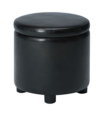 Designs4Comfort Round Accent Storage Ottoman in Black Faux Leather Fabric - color: Black