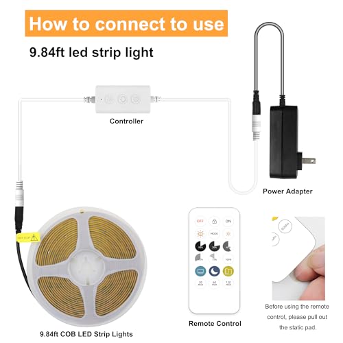 AXMOTUT COB LED Strip Lights with Remote, 24V 9.84ft Warm White Dimmable LED Light Strips, High Bright 3000K LED Lights with Power Supply for Room, Kitchen, DIY Home Decoration - size: 3000K/9.84ft