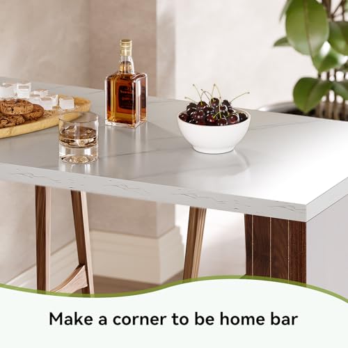 LITTLE TREE Home Bar Table, 55-Inch Long Counter Height Pub Table with a Faux Marble Finished Tabletop, Narrow Rectangular Indoor Bar Unit for Home, Kitchen, White & Walnut
