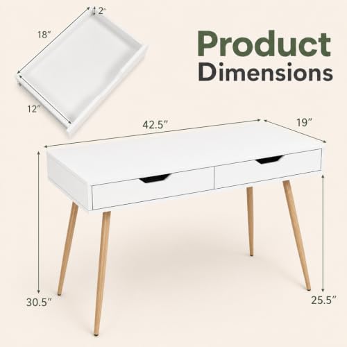 GIANTEX Mid-Century Desk with 2 Drawers, 42.5" Writing Study Desk with Tapered Legs, Home Office Computer Workstation PC Laptop Desk, Modern Makeup Vanity Table for Bedroom (White & Natural)