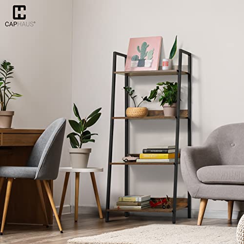CAPHAUS 4 Tier Ladder Bookshelf, 24 Inch Width Free Standing Shelf, Bookcase Shelf Storage Rack Organizer, Industrial Book Shelves for Home Office, Living Room, Kitchen, Rustic Oak, Vintage Shelves - color: Rustic Oak, size: 4-Tier