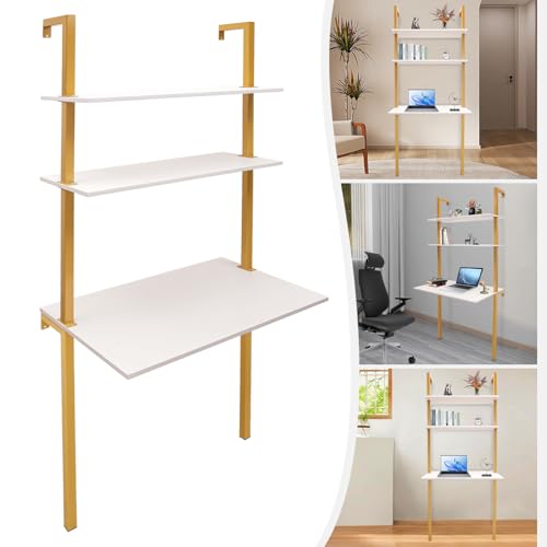 Industrial Wall Mount Desk, 3-Tier Ladder Computer Desk, 30inch Floating Computer Writing Table with Storage Shelves for Home Office Small Spaces (Gold+White) - color: Gold+white