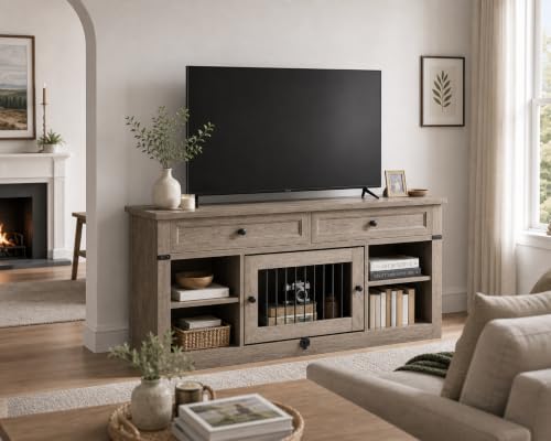 WLIVE Farmhouse TV Stand up to 65 Inch TV with 2 Storage Drawers & Open Shelves, Entertainment Center with Small Dog/Cat House, TV Cabinet for Living Room, Bedroom,Dog Crate Furniture(Grey Oak) - color: Grey Oak