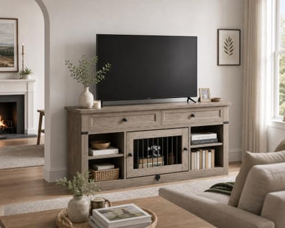 WLIVE Farmhouse TV Stand up to 65 Inch TV with 2 Storage Drawers & Open Shelves, Entertainment Center with Small Dog/Cat House, TV Cabinet for Living Room, Bedroom,Dog Crate Furniture(Grey Oak) - color: Grey Oak