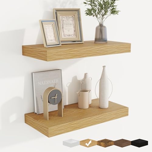 fuqing Floating Shelves for Wall, Wall Mounted Wood Floating Shelf with Invisible Brackets for Living Room, Bathroom, Bedroom, Kitchen Storage and Decor, 16 Inch Set of 2, Oak - color: Oak, size: 16"W x 6.5"D , 2 Pack