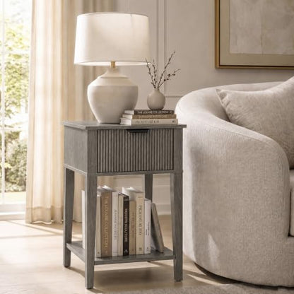 Weathered Gray 15.4" Wide Small Nightstand, Drawer,Open Shelf,Fluted | Weathered gray tone, ribbed fluted front, 11.8-inch slim depth, concealed storage, cool fit for sofa side or chair side - color: Weathered Gray