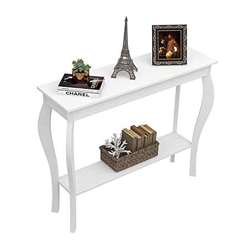 ChooChoo 39" Narrow Entryway Table with Storage Shelf, White | Console Table with Curved Legs, Chic Accent Sofa Table with Shelves for Entryway, Living Room, Hallway - color: White