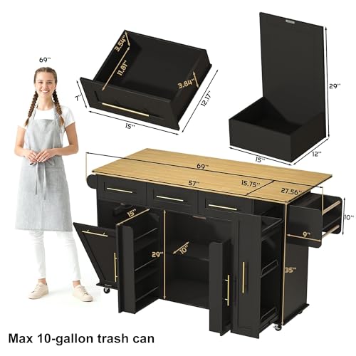 St.Mandyu 69" Large Kitchen Island on Wheels, Kitchen Rolling Island Cart with Trash Storage Cabinet, Power Outlet, 3-Tier Pull-Out Storage Trays, Drop Leaf, Mobile Island Table for Kitchen, Black - color: Black