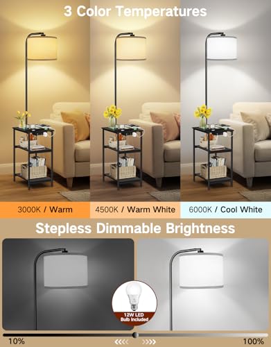 Floor Lamp with Table & Remote, Side End Table with Charging Station, Dimmable Nightstand with 3 Color Temperatures, 1-Hour Timer, 12W LED Bulb, for Living Room, Bedroom(Black) - color: Black
