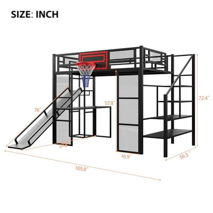LUMISOL Full Size Loft Bed with Desk and Stairs, Heavy Duty Metal Loft Bed Frame with Storage Shelves and Basketball Hoop, Noise Free, No Box Spring Needed, Black - color: Black, size: Full with Slide