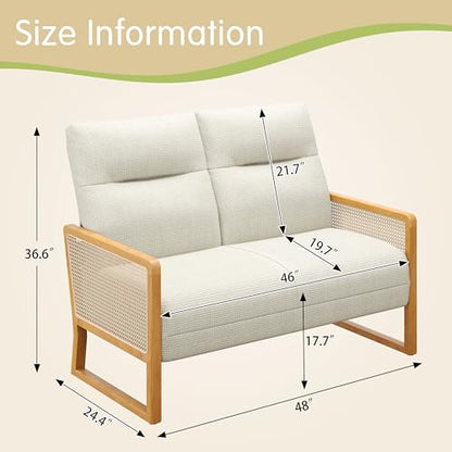 Alunaune Modern Loveseat Bench Couch with Natural Rattan Arm, Upholstered Linen Small Love Seat Sofa 2-Seats Living Room Couch Settee, Comfy Lounge Recliner Chair-Ivory - color: Ivory
