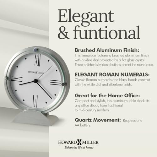 Howard Miller Simon II Tabletop Clock – Brushed Aluminum Finish, White Dial, Roman Numerals, Flat Glass Crystal, Interior Light