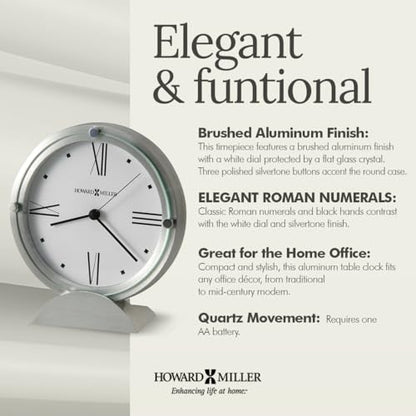 Howard Miller Simon II Tabletop Clock – Brushed Aluminum Finish, White Dial, Roman Numerals, Flat Glass Crystal, Interior Light