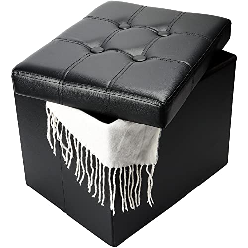 Bsketa Storage Ottoman, Folding Foot Stool with Thicker Foam Padded Seat Small Leather Storage Ottoman Bench Foot Rest for Living Room Foldable Coffee Table 17x13x13in,Black - color: Black