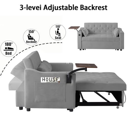 3-in-1 Convertible Sleeper Sofa Bed, Pullout Couch with 360° Swivel Side Table, Modern Chenille Fabric, Easy to Assemble, Folding Loveseat Sofa Bed for Living Room & Guest Room - color: Grey Sofa Bed