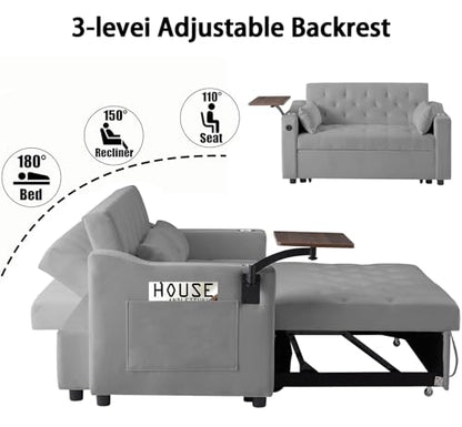 3-in-1 Convertible Sleeper Sofa Bed, Pullout Couch with 360° Swivel Side Table, Modern Chenille Fabric, Easy to Assemble, Folding Loveseat Sofa Bed for Living Room & Guest Room - color: Grey Sofa Bed