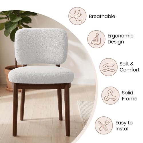 Wooden Dining Chairs Set of 2, Boucle Upholstered Kitchen Chairs with Solid Wood Legs, Mid Century Modern Dining Chairs, Farmhouse Side Chair with Hardwood Frame for Dining Room, White - color: White, size: Set of 2