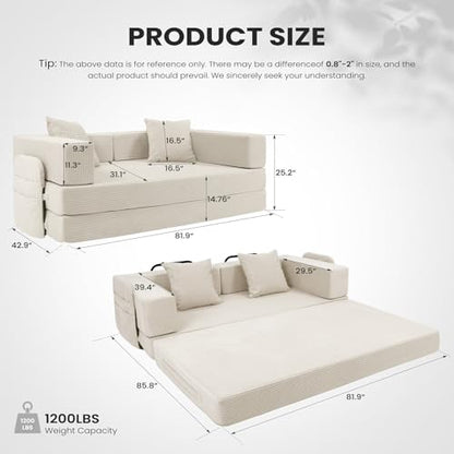 5-in-1 Futon Sofa Bed Queen Floor Convertible Couch Foldable Lounge White | Multi-Position Convertible Lounge Couch for Guest Room & Apartment, Removable Washable Cover, Space Saving - color: Beige