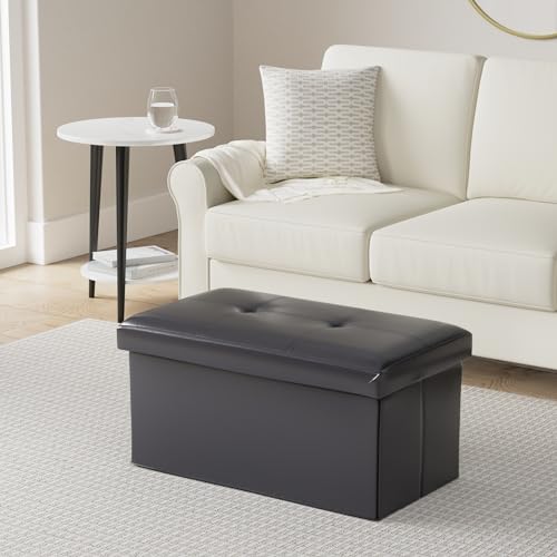 Simplify Faux Leather Folding Storage Ottoman | Triple | Collapsible | Tufted Padded Seating | Foot Rest | Bench | Toy Box | Black - color: Black, size: 15"D x 44"W x 15"H